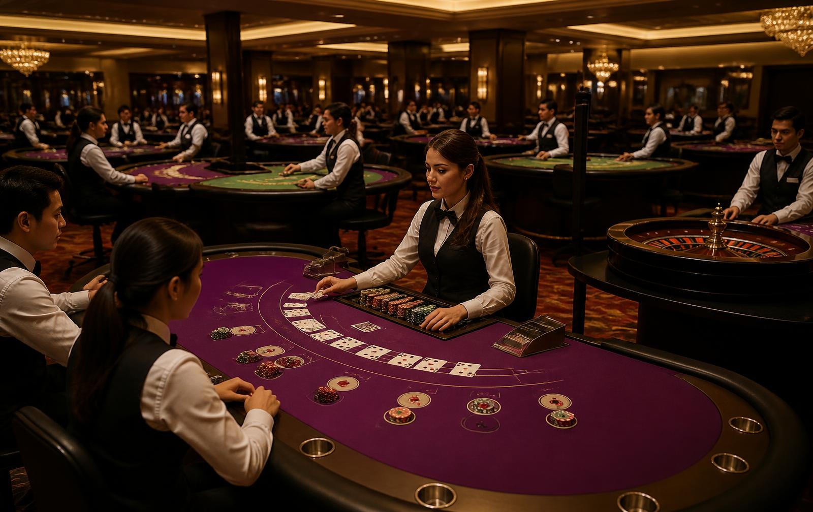 Trainee croupiers dealing blackjack on a Mirevontis casino practice table